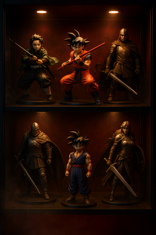 remium action figures van anime- en fantasy-personages uitgestald in een donkere vitrine met LED-verlichting, omgeven door sfeervolle mist en cinematische verlichting.