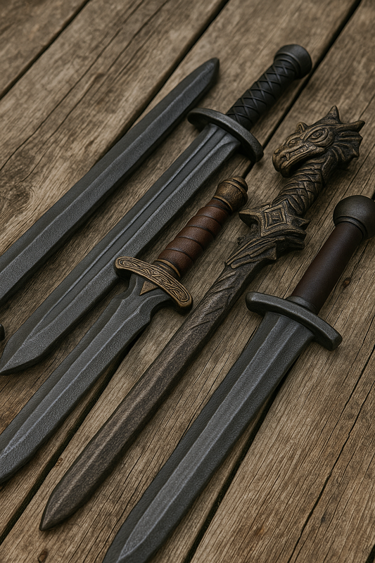Vier realistische foam LARP zwaarden met verschillende handvatten en designs, gelegd op een verweerd houten oppervlak voor een authentieke fantasy-uitstraling