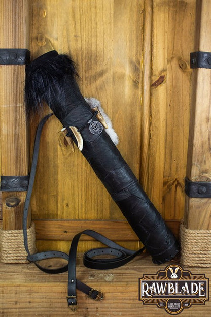 Rawblade Hunter Quiver (Rugkoker) - Leer & Bont met Gewei-details Zwart Rawblade